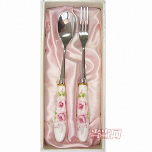 明进花语飞歌骨瓷勺柄勺叉餐具2P