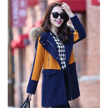 【普尔兰德休闲服装】秋冬新款女士毛呢外套韩版拼色修身中长款毛领呢