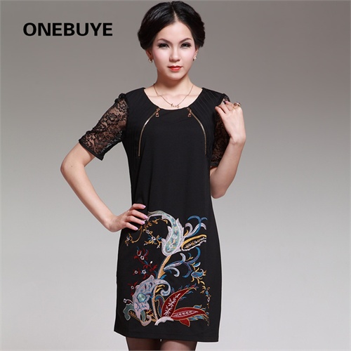 cd性感复古中国风电脑绣花抽象图案通透蕾丝短袖圆领修身连衣裙-服装