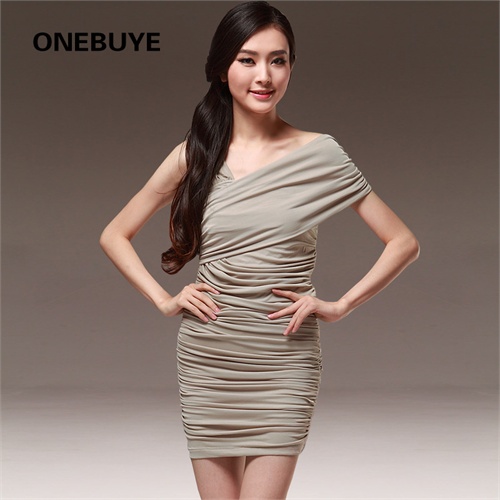 cd性感斜v领2013高端大牌气质女装修身显瘦雪纺褶皱无袖连衣裙-服装