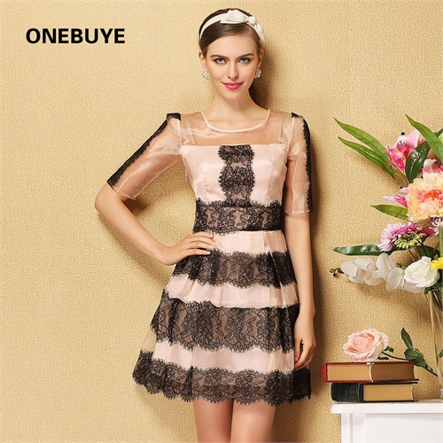 cd独特蕾丝中袖2014春夏欧根纱性感蕾丝条纹拼接时尚圆领连衣裙-服装