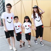 Семья установлены летом большой трое детей, мальчиков и девочек хлопка случайные мелкие хлопок спортивный костюм мультфильм смайлик мать дамы полная отделка костюм куртка + брюки костюм